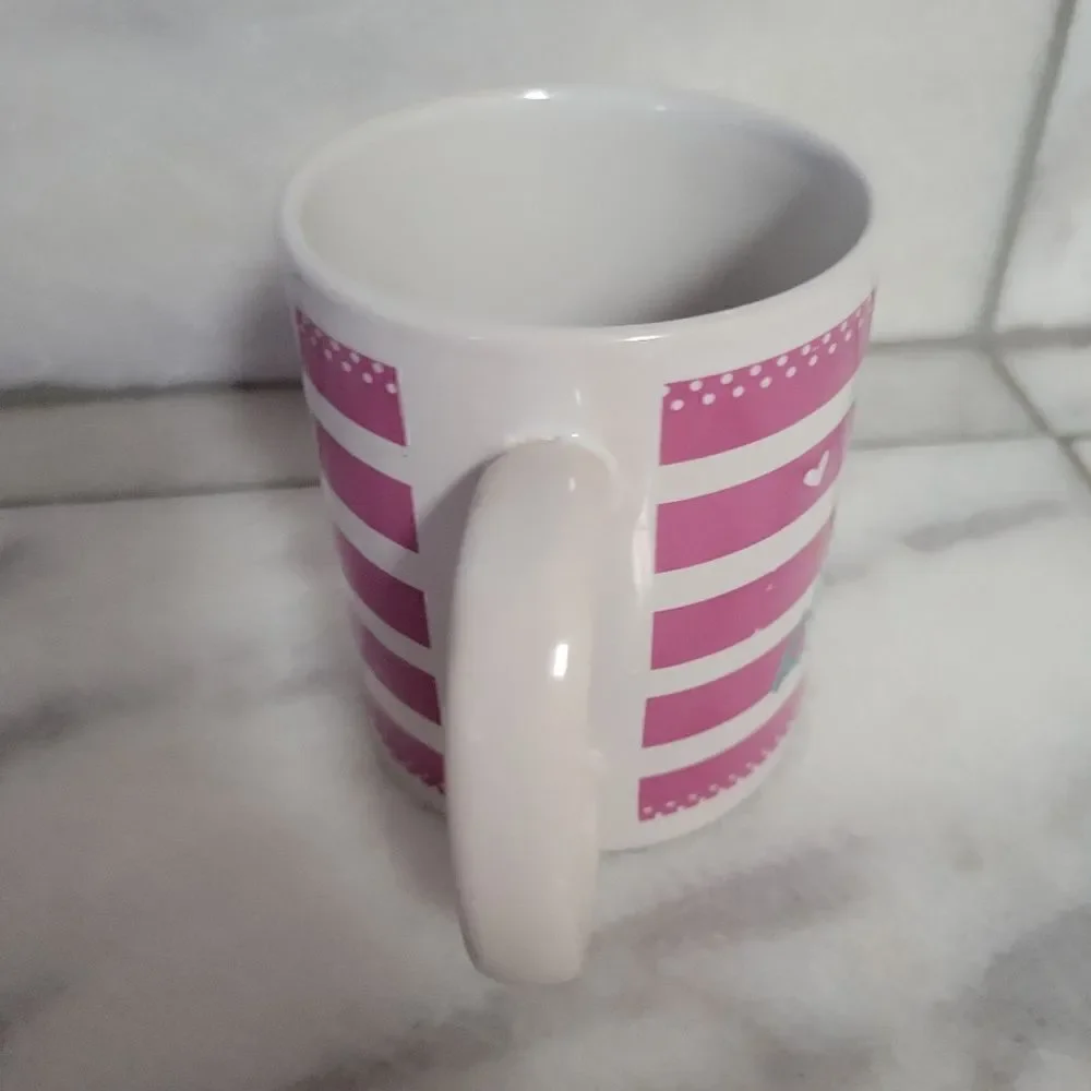 Love & Happiness Pink White Striped Ceramic Coffee Mug